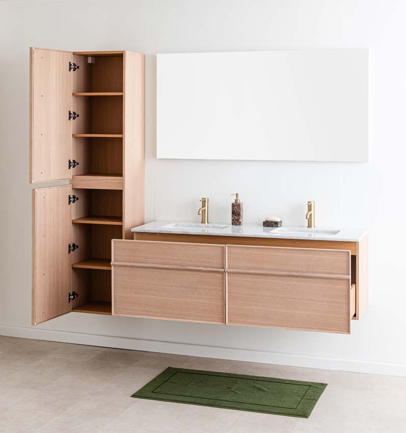 Meuble de salle de bains Felix chêne suspendu avec lavabo double effet marbre carrara 140cm