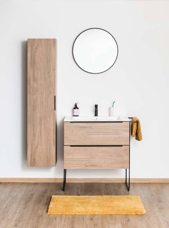 Badkamermeubel Mist houtlook staand met enkele wastafel glanzend wit 80cm