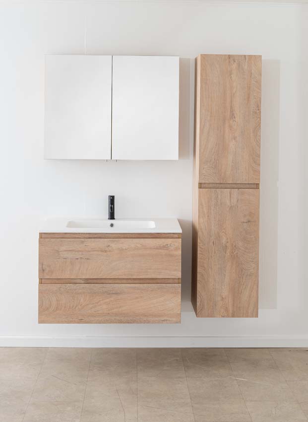 Meuble de salle de bain Tibo en chêne méditerranéen avec lavabo simple blanc mat 90cm