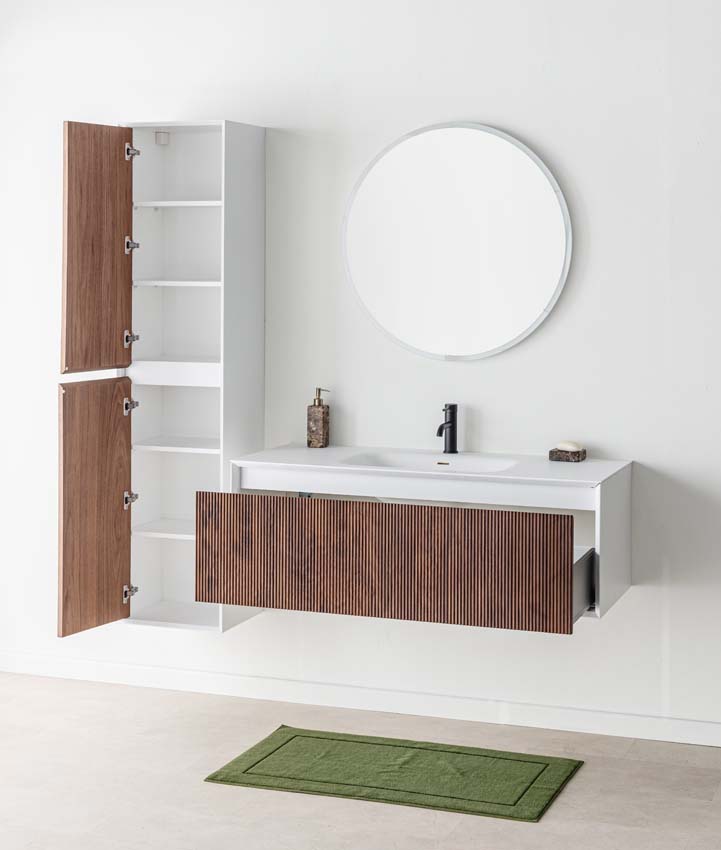 Meuble de salle de bains Falk noyer suspendu avec lavabo simple blanc mat 120cm Meuble de salle de bains Falk noyer suspendu avec lavabo simple blanc mat 120cm
