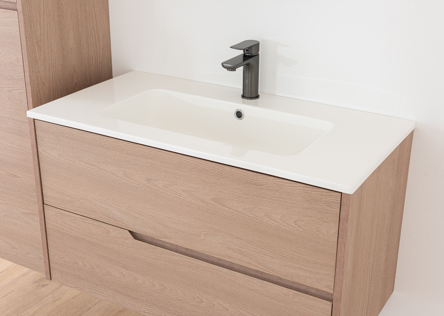 Meuble de salle de bains Tiago chêne Nordic suspendu avec vasque simple blanc mat 90cm