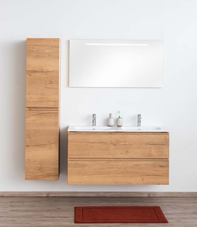 Meuble de salle de bains Daria chêne brun doré suspendu avec lavabo double blanc brillant 120cm