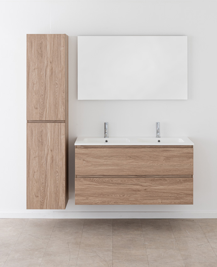 Badkamermeubel Bianca eiklook hangend met dubbele wastafel glanzend wit 120,5cm