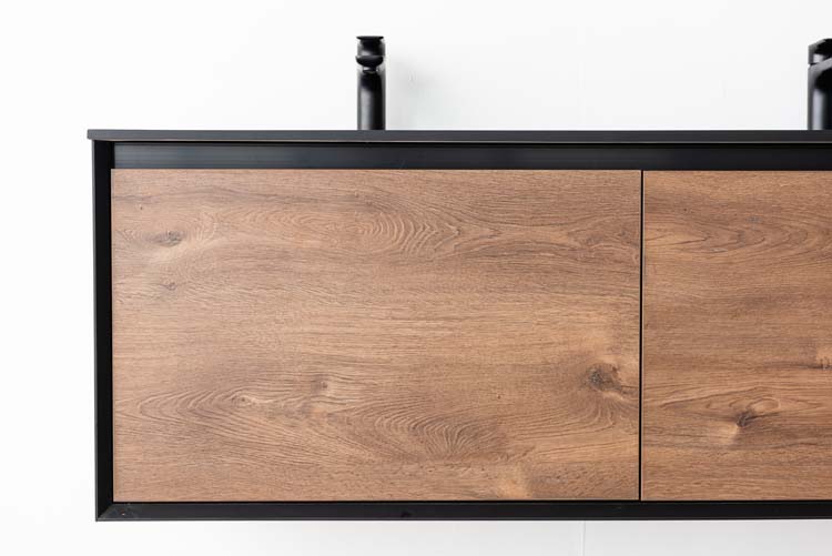 Meuble de salle de bains Justin noyer suspendu avec lavabo double noir mat 140cm