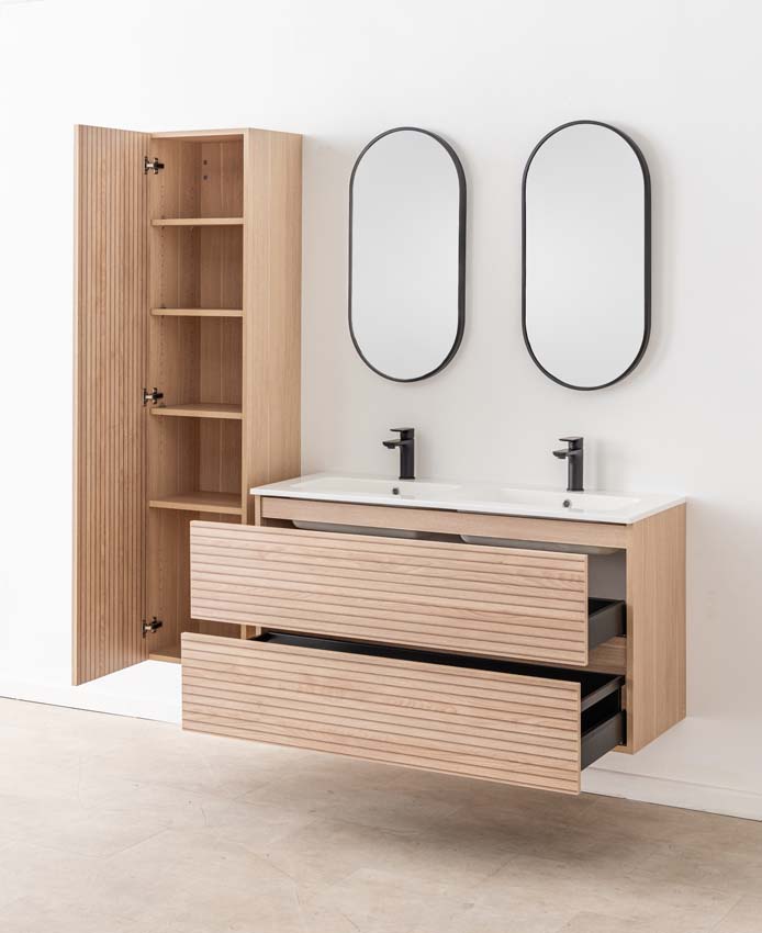 Meuble de salle de bains Dotan line up suspendu avec lavabo double blanc brillant 120cm