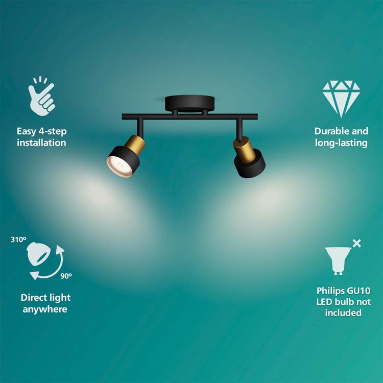 Opbouwspot - dimbaar - GU10 - 2x5W - excl lamp - zwart/goud