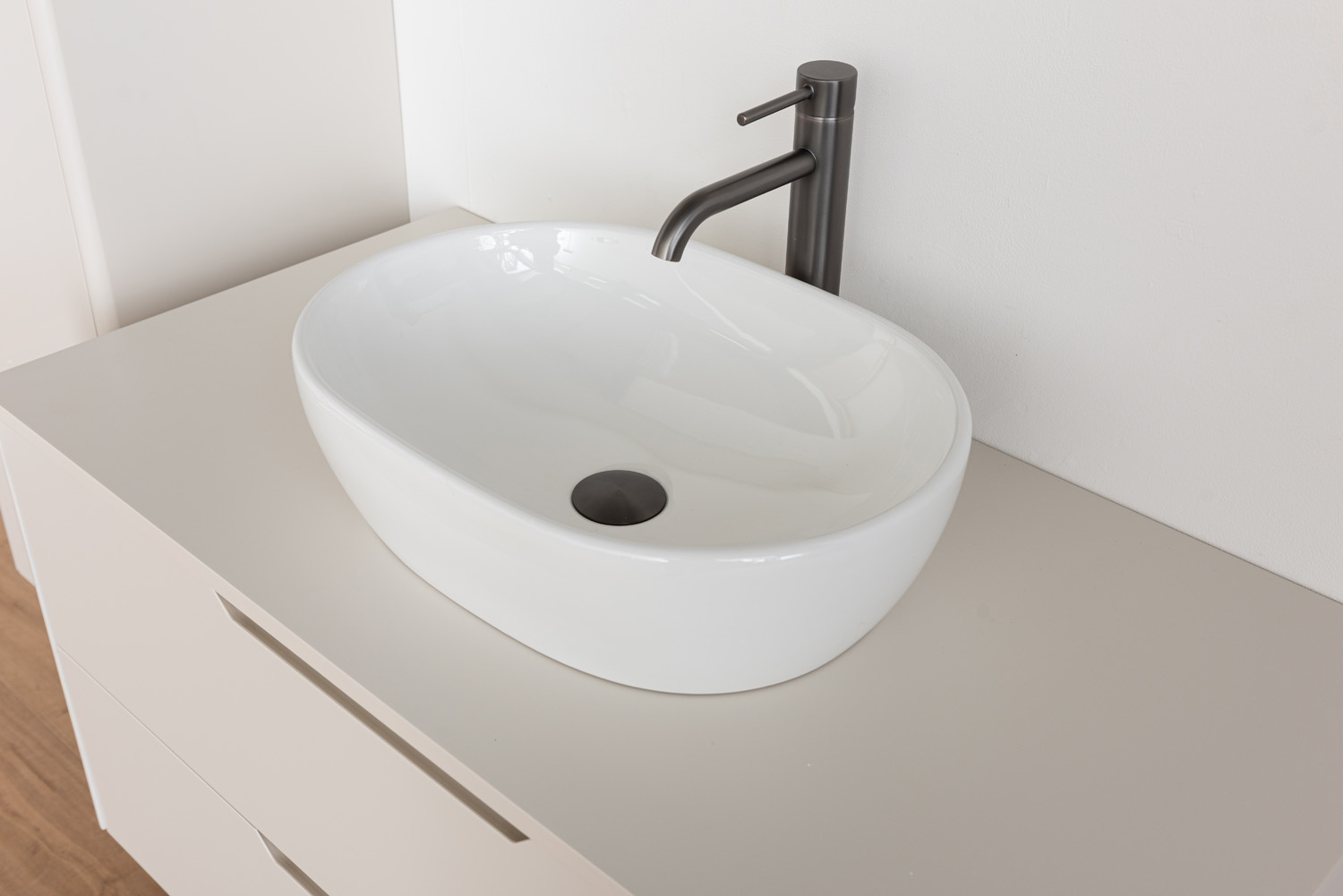 Badkamermeubel Billie beige met opbouwkom glanzend wit 100cm