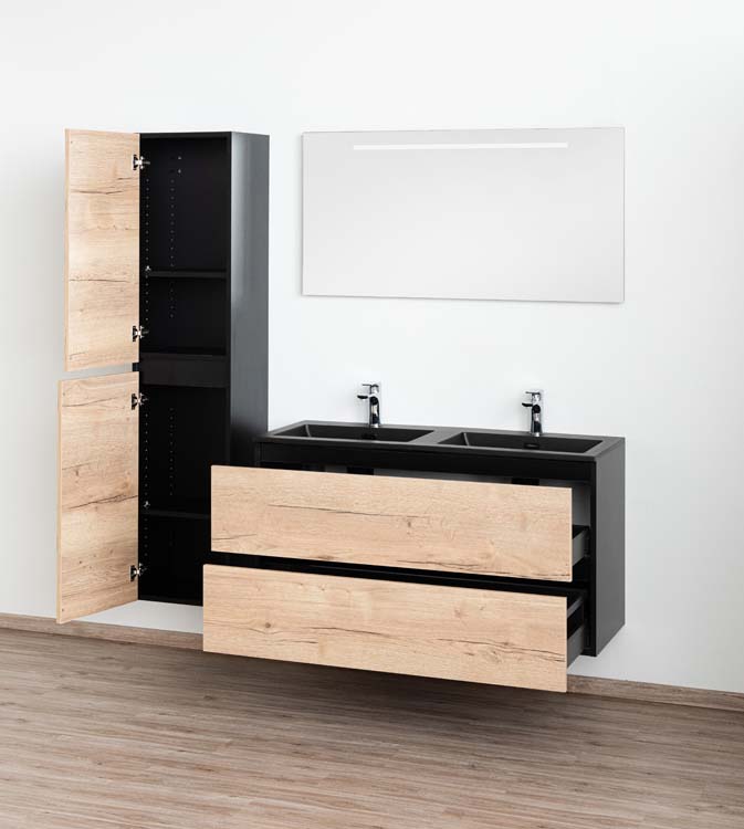 Badkamermeubel Dotan eik hangend met dubbele wastafel mat zwart 120cm