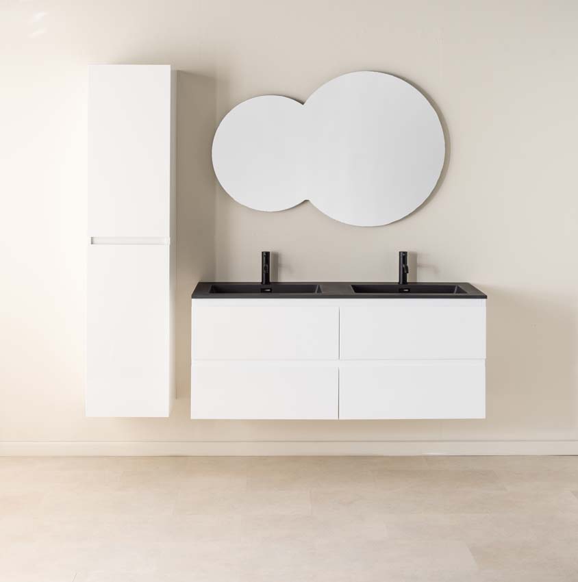 Meuble de salle de bains Tibo blanc suspendu avec lavabo double noir mat 140cm