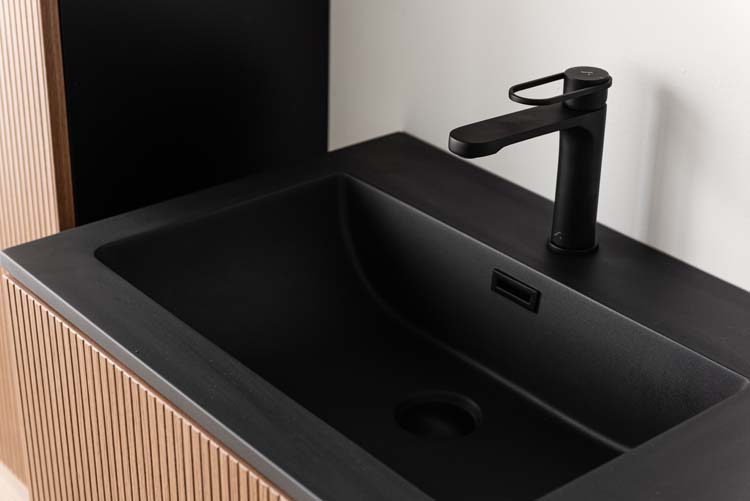 Meuble de salle de bains Dorian noyer suspendu avec lavabo double noir mat 120cm