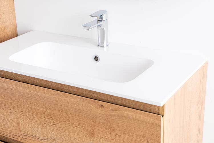 Badkamermeubel Daria eik goudbruin hangend met enkele wastafel glanzend wit 90cm