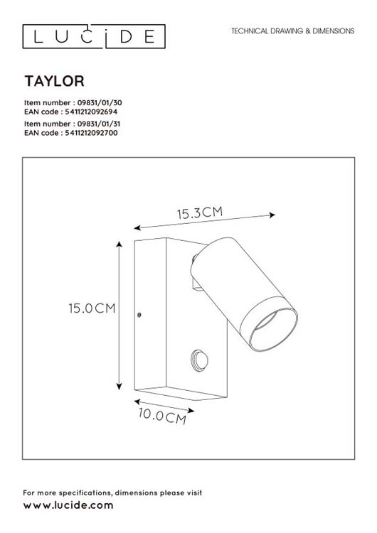 Lucide TAYLOR - Spot mural Extérieur - 1xGU10 - IP44 - Blanc