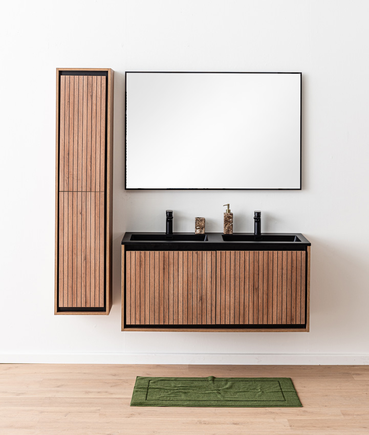 Badkamermeubel Toledo eik/zwart met dubbele wastafel mat zwart 120cm