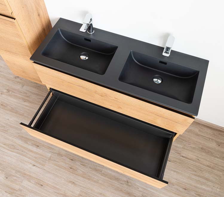 Meuble salle d bain Daria chêne brun doré 120cm lavabo noir mat double