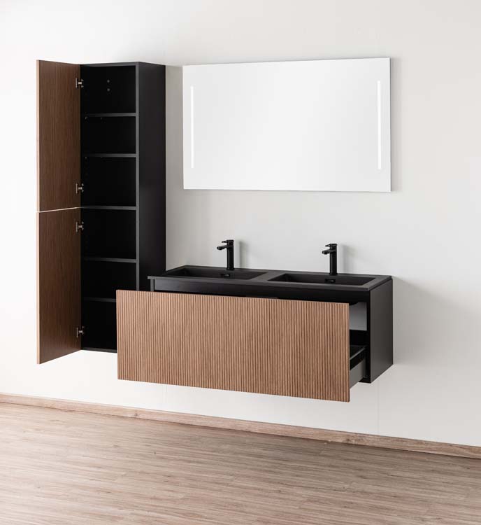 Meuble de salle de bains Dorian noyer suspendu avec lavabo double noir mat 120cm