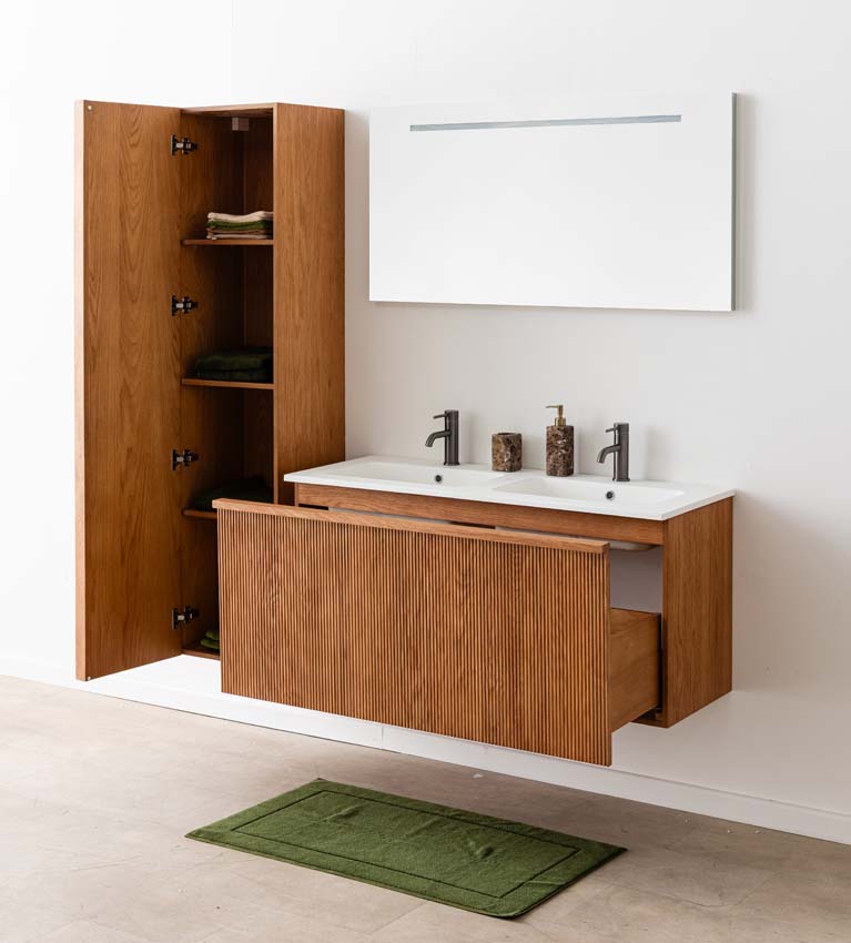 Meuble de salle de bain Fae chêne suspendu avec double lavabo blanc mat 120cm