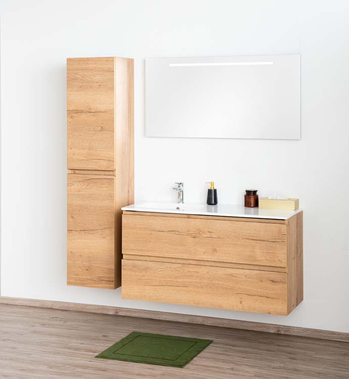 Meuble de salle de bain Daria chêne brun doré 1200 mm lavabo  brillant gauche