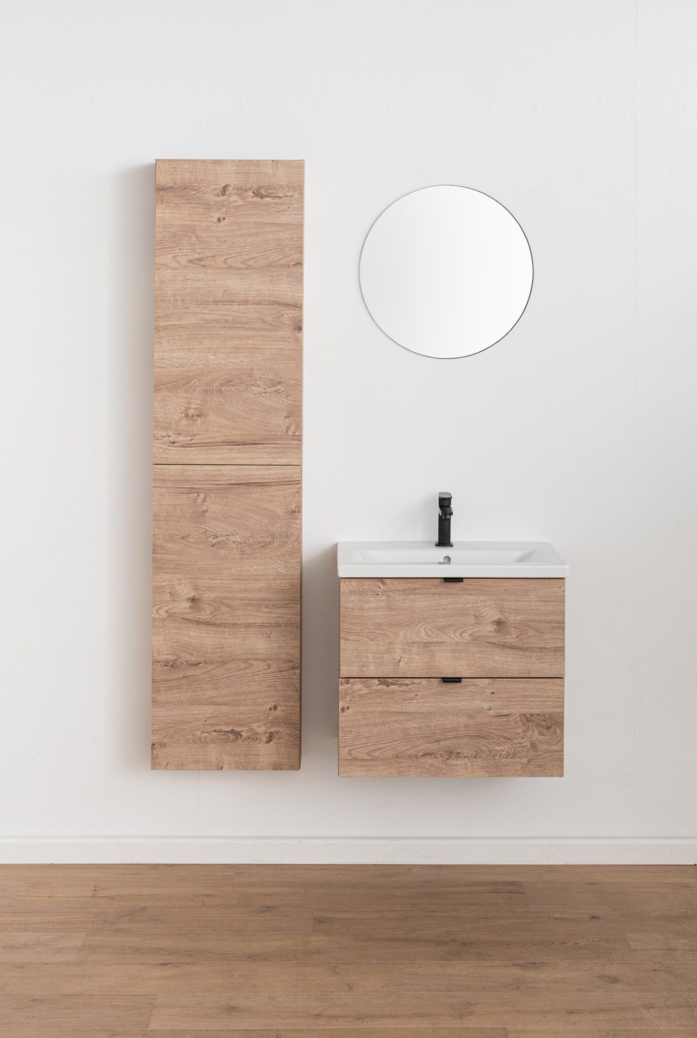 Badkamermeubel Raf honingeik hangend met enkele wastafel glanzend wit 60cm