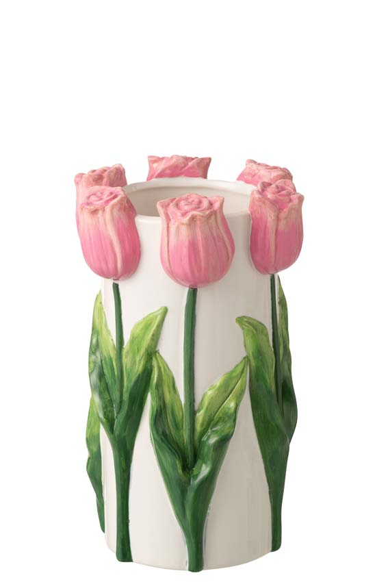Vaas tulpen keramiek wit/roze 28cm