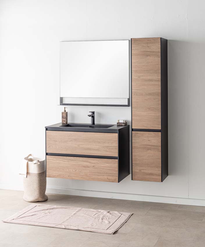 Meuble de salle de bain Molly aspect bois suspendu avec lavabo simple noir mat 90cm Meuble de salle de bain Molly aspect bois suspendu avec lavabo simple noir mat 90cm