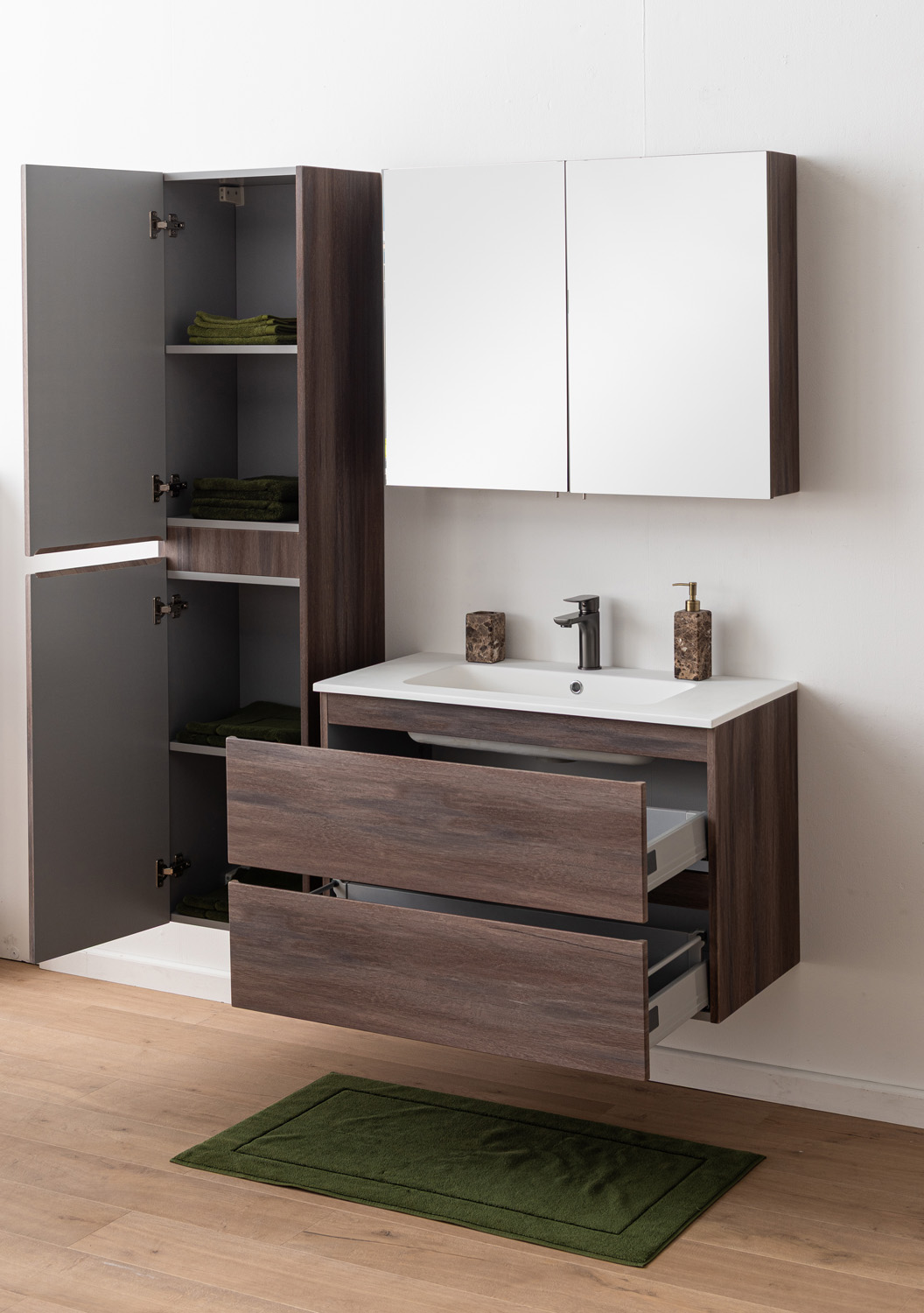 Badkamermeubel Tarik amber eik hangend met enkele wastafel mat wit 90cm