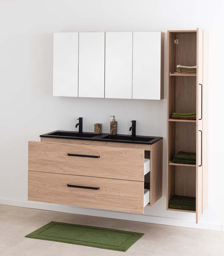 Meuble de salle de bains Bison chêne suspendu avec lavabo double noir 