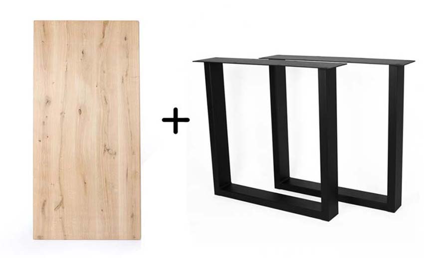 Tafel metaal/hout rechthoekig eik recht 260x100cm + onderstel U zwart