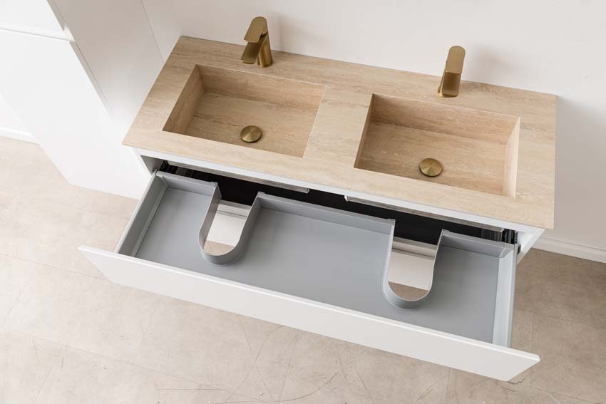 Badkamermeubel Tibo wit met dubbele wastafel travertinlook 120cm