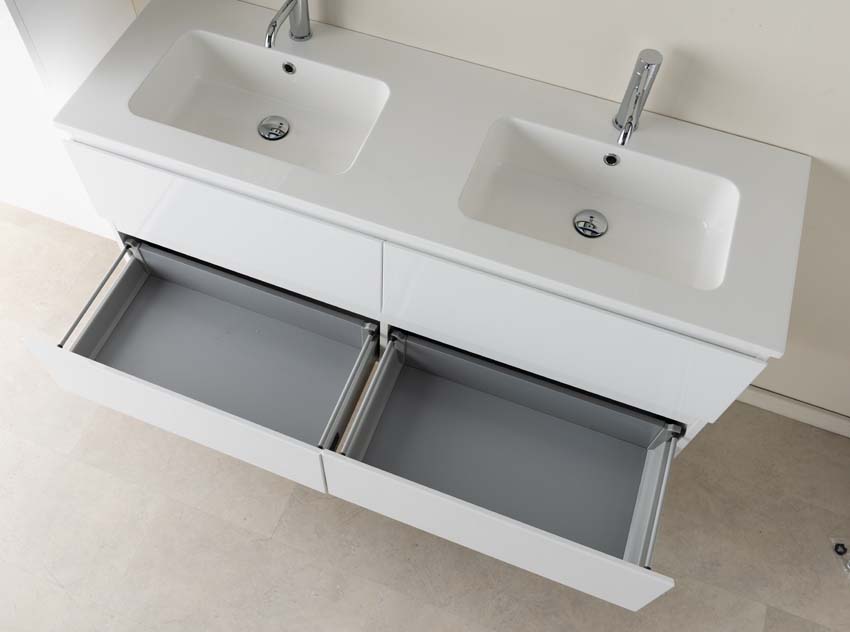 Meuble de salle de bains Tibo blanc suspendu avec lavabo double blanc brillant 140cm