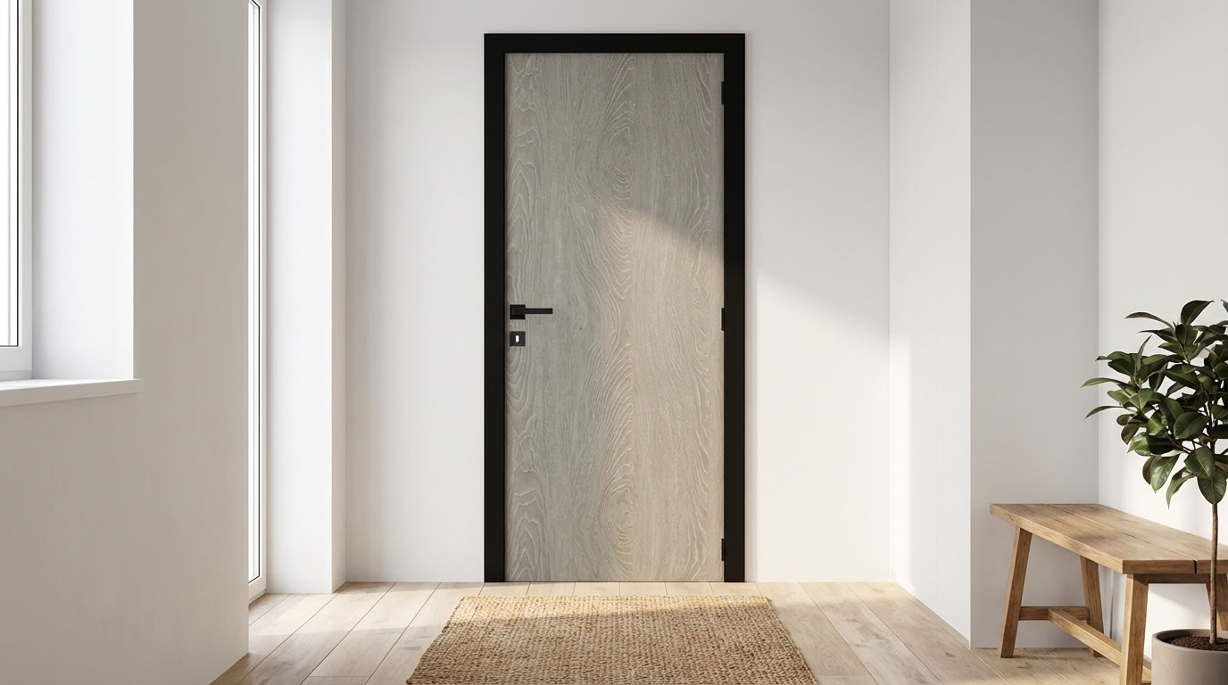 Porte intérieure complète Uran Grey Oak 201,5x93cm tubulaire réversible + châssis noir 40cm