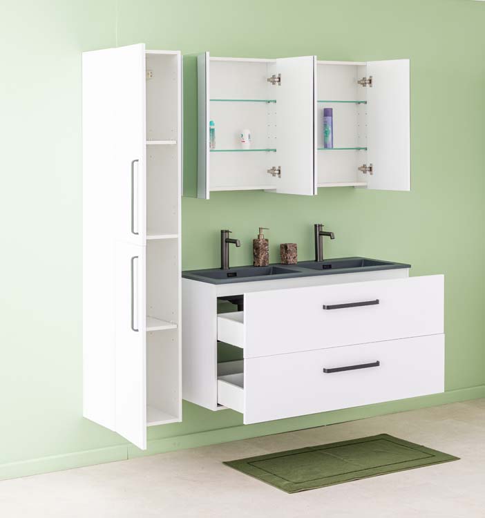 Meuble de salle de bains Bison blanc mat suspendu avec lavabo double noir mat 120cm