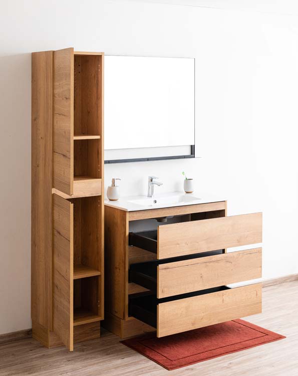 Badmeubel Daria eik goudbruin 900 mm staand wastafel porselein glans