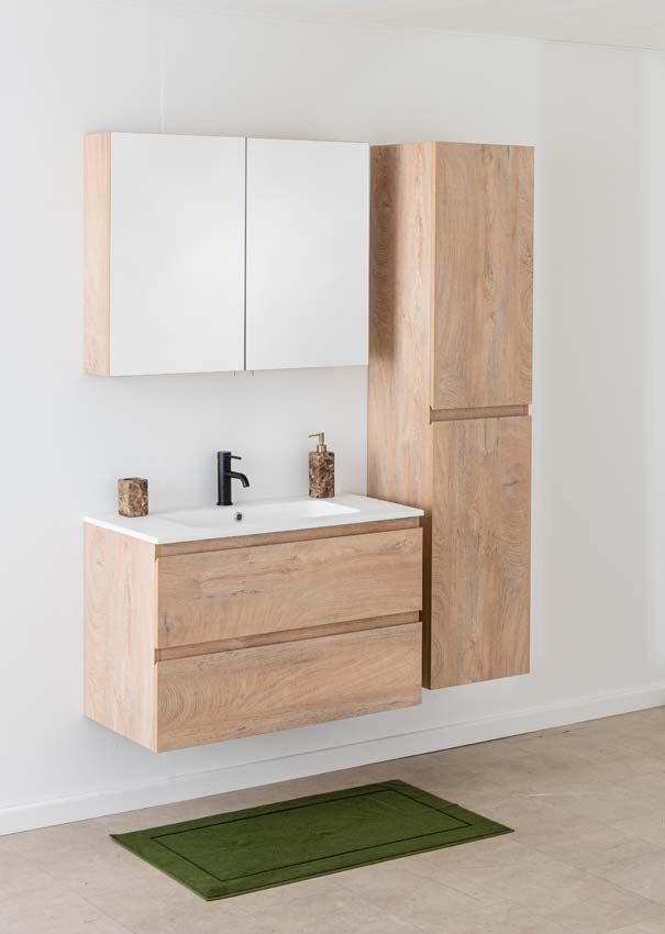 Meuble de salle de bain Tibo en chêne méditerranéen avec lavabo simple blanc mat 90cm