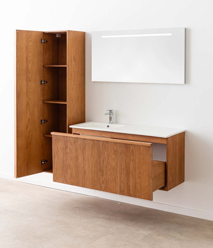 Badkamermeubel Fae eik hangend met enkele wastafel glanzend wit 120cm
