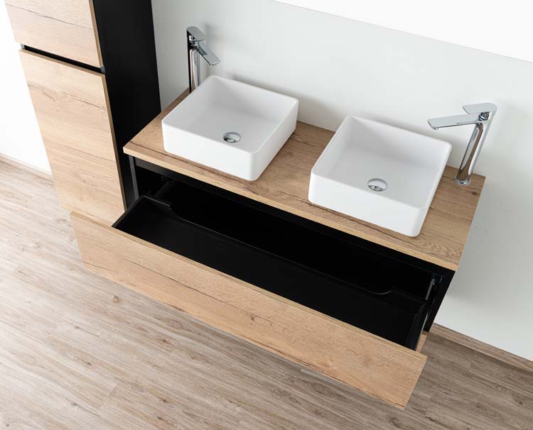 Badkamermeubel Dotan zwart/eik 1200 mm opbouwtablet melamine Badkamermeubel Dotan zwart/eik 1200 mm opbouwtablet melamine