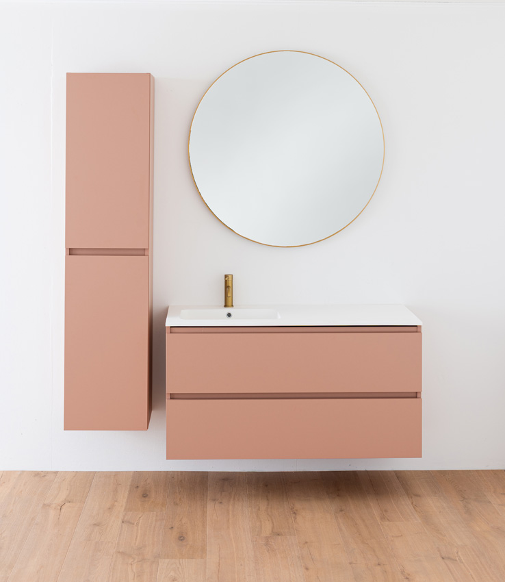 Meuble de salle de bains Dotan abricot suspendu avec lavabo simple gauche blanc mat 120cm