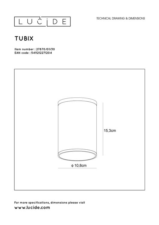 Lucide TUBIX - Plafondspot Buiten - Ø 10,8 cm - 1xE27 - Antraciet