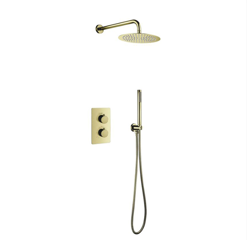 Colonne de douche thermostatique encastré avec douche de pluie Ø25cm or brossé