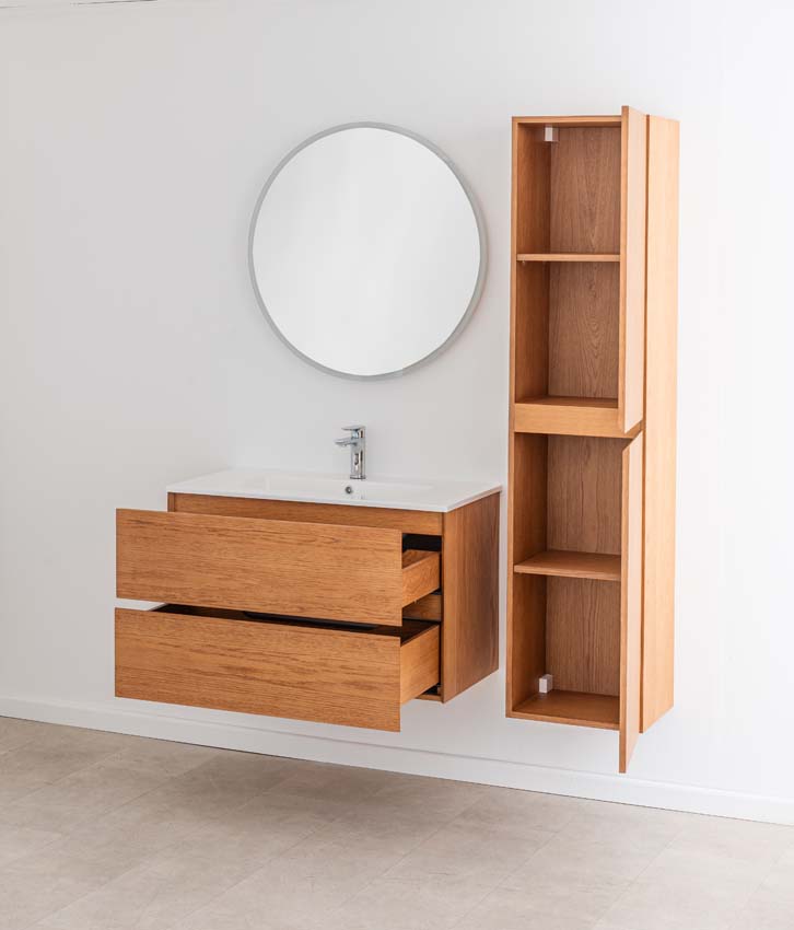 Badkamermeubel Fior eik hangend met enkele wastafel glanzend wit 90cm