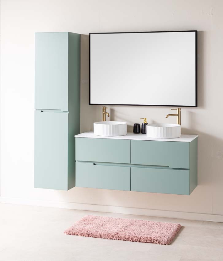 Meuble de salle de bains Truman vert gris suspendu avec double vasque à poser blanc mat 120cm Meuble de salle de bains Truman vert gris suspendu avec double vasque à poser blanc mat 120cm