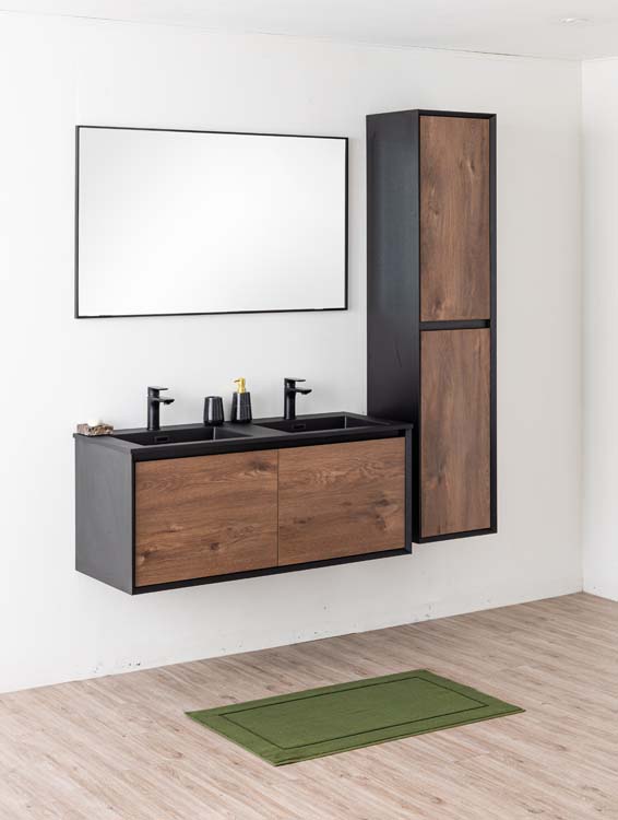 Badkamermeubel Justin notelaar hangend met dubbele wastafel mat zwart 120cm