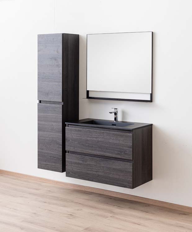 Badkamermeubel Dotan donkere eik hangend met enkele wastafel mat zwart 90cm