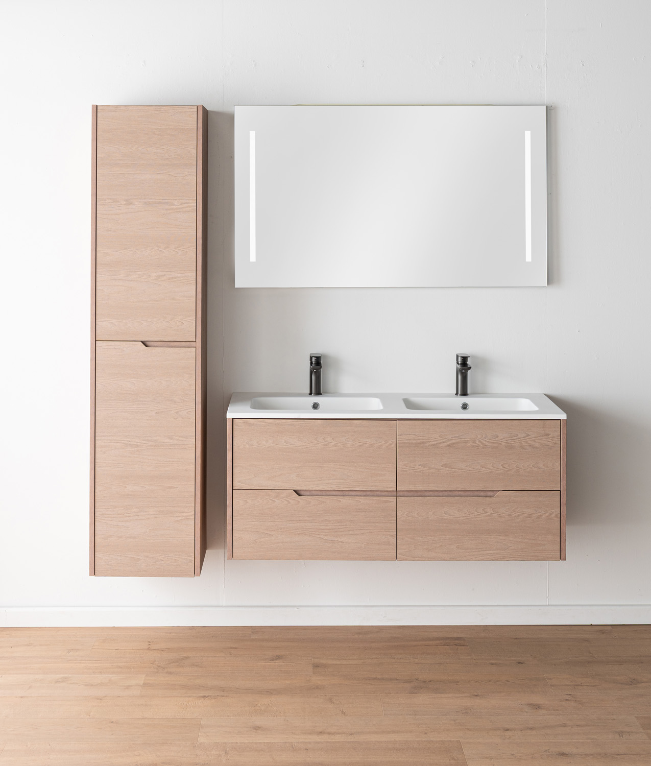 Meuble de salle de bains Tarik chêne Nordic suspendu avec double vasque blanc mat 120cm