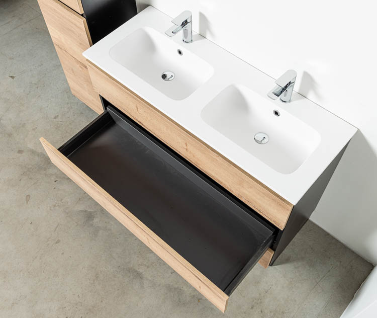Badkamermeubel Dotan zwart/eik 1200 mm staand 2 wastafels glans
