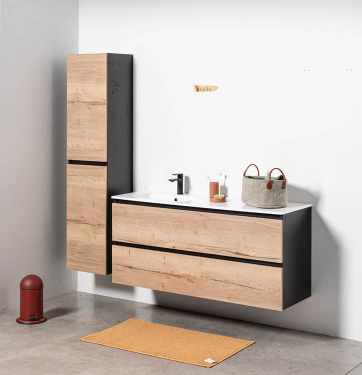 Meuble de salle de bains Dotan chêne suspendu avec lavabo simple à gauche blanc brillant 140cm