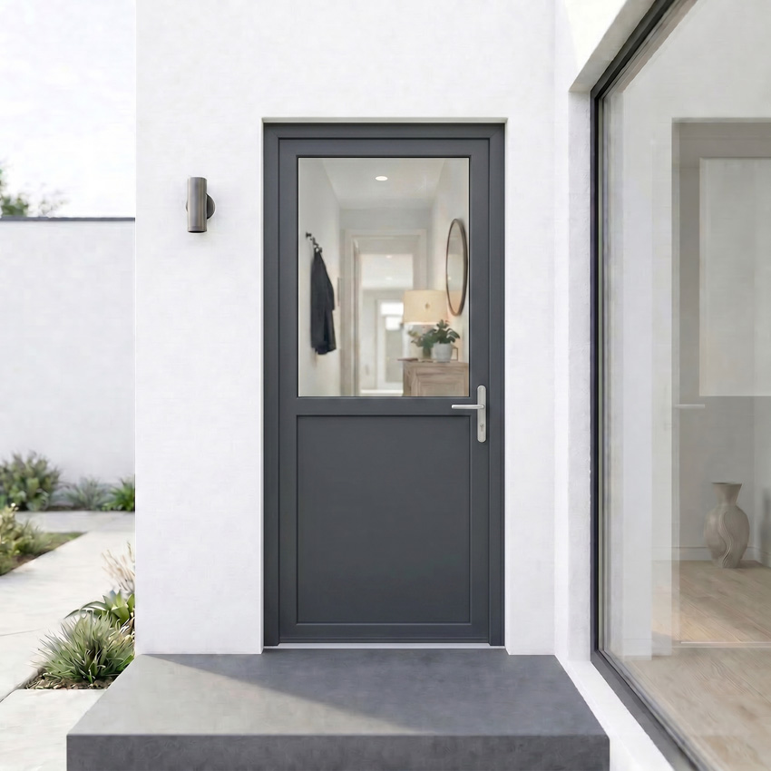 Porte extérieure semi-vitrée PVC verre triple vitrage clair anthracite/blanc ouvrant à droite sur mesure