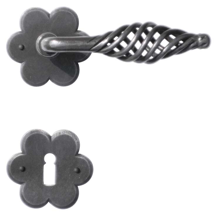 Poignée de porte tarente fer fleur rosace barbe