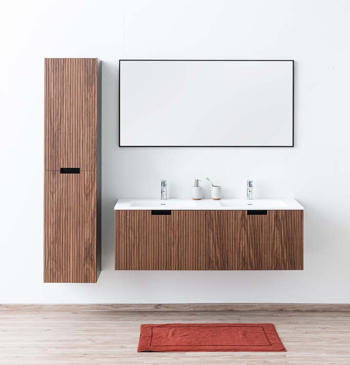 Meuble de salle de bains Willow noyer suspendu avec lavabo double blanc mat 140cm