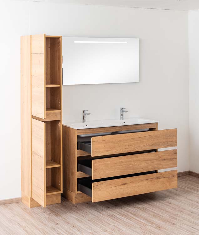 Meuble de salle de bain Daria chêne brun doré 1200 mm sur pied 2 lavabo brillant