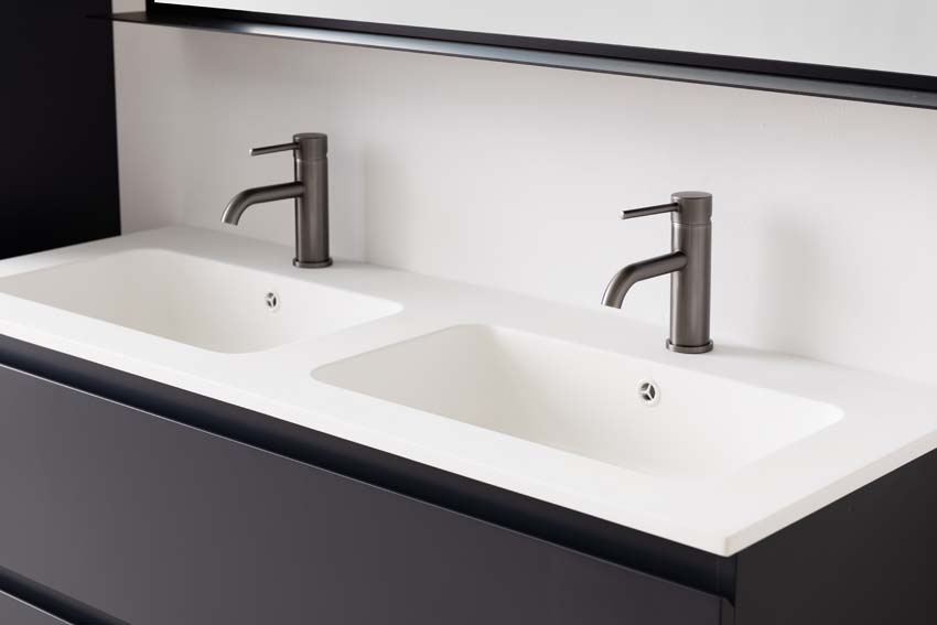 Meuble de salle de bains Tibo gris suspendu avec lavabo double blanc mat 120cm